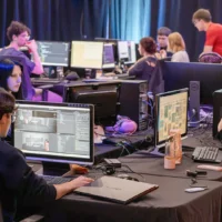 Des étudiantes et étudiants participent au Webjam, un marathon de 24 heures de création numérique : on voit le décompte du chronomètre sur un écran au loin et des élèves qui travaillent sur leur poste de travail respectif, dont un étudiant au premier plan qui fait de la programmation de code.